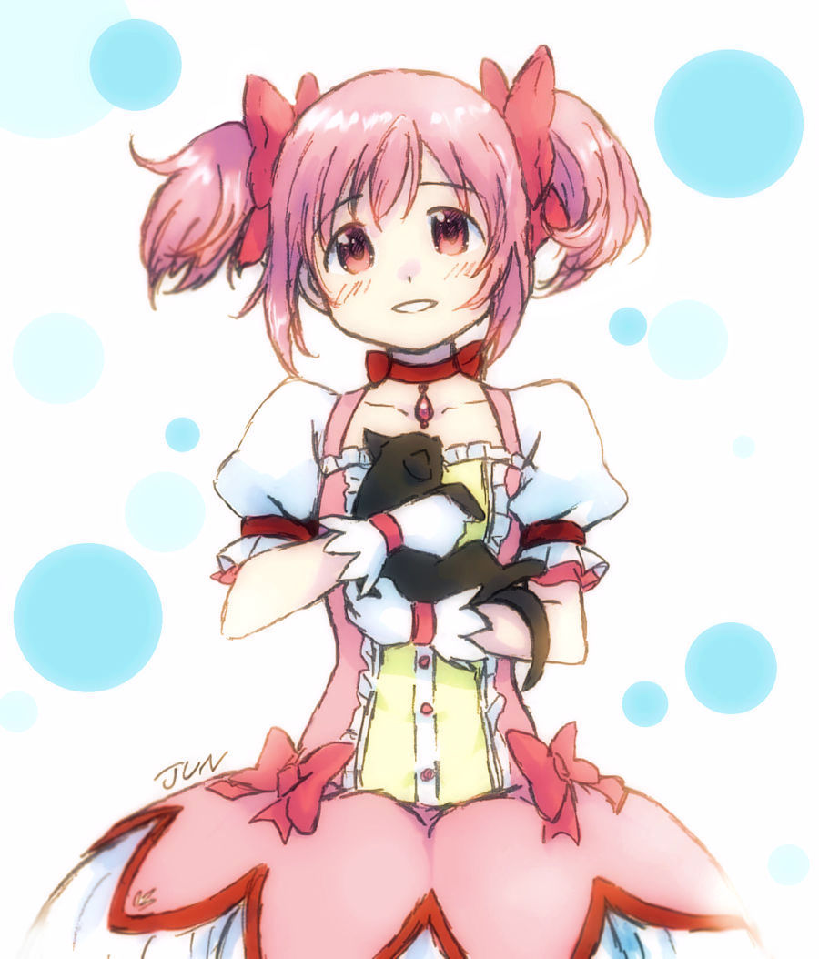1girl amy_(madoka_magica) animal artist_name bubble_skirt buttons cat choker collarbone dot_nose flat_chest frills gloves hair_ribbon happy head_tilt holding holding_animal holding_cat jun_(j_u_n0) kaname_madoka kaname_madoka_(magical_girl) light_blush looking_at_viewer mahou_shoujo_madoka_magica mahou_shoujo_madoka_magica_(anime) parted_lips pink_eyes pink_hair pink_ribbon polka_dot polka_dot_background puffy_short_sleeves puffy_sleeves red_choker red_neckwear red_ribbon ribbon ribbon_choker short_sleeves short_twintails simple_background skirt smile solo soul_gem tareme twintails white_background white_gloves white_skirt
