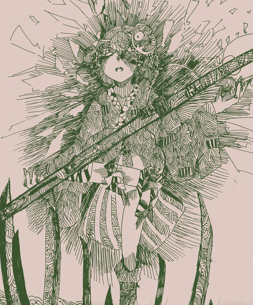 1other abstract ametsukana_yago androgynous bandage_over_one_eye closed_eyes full_body green_theme hakama hakama_short_skirt hakama_skirt japanese_clothes kimono leg_brace leg_up len&#039;en len_en_spe mask mask_on_head monochrome noh_mask non-web_source object_floating_above_hand open_mouth other_focus photo_(medium) sandals short_hair short_kimono skirt socks solo sword teeth traditional_media upper_teeth_only weapon zouri