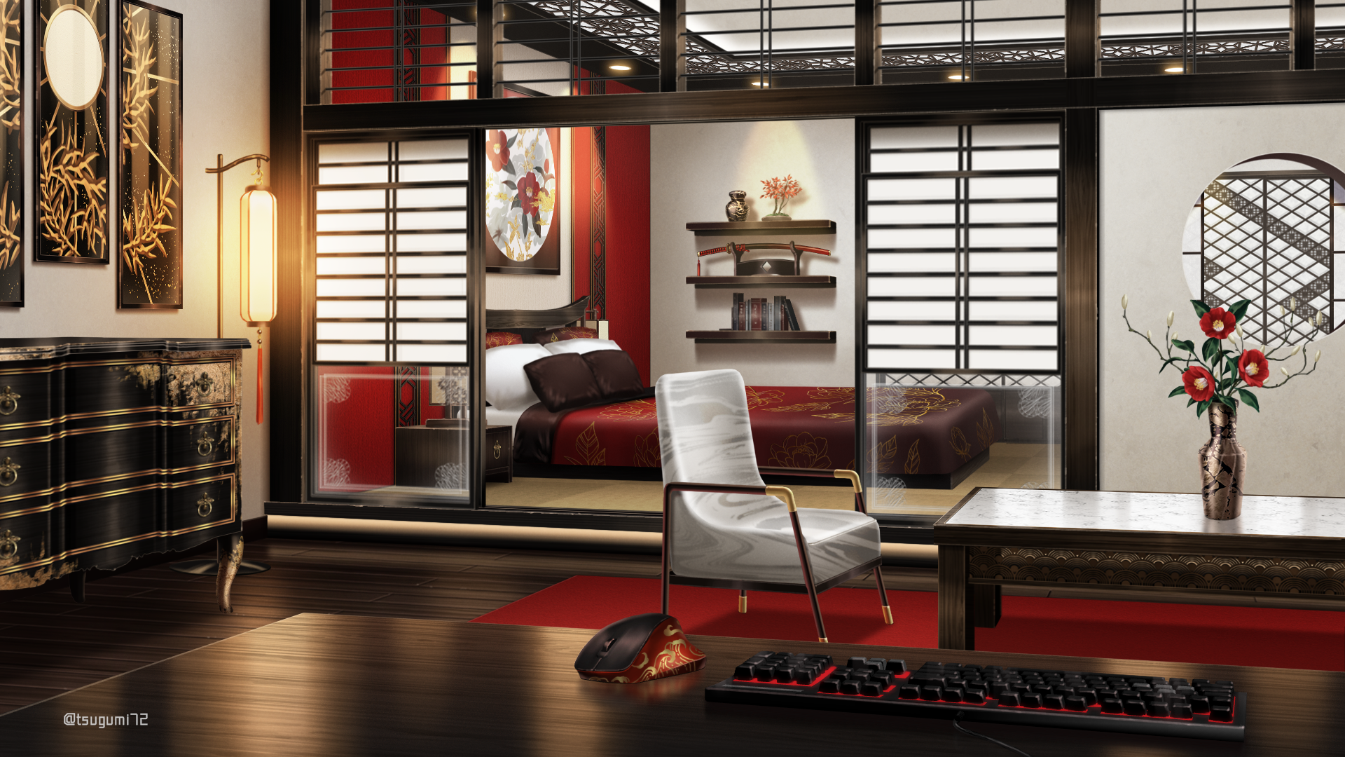architecture azuma_hatori bed bedroom blanket bonsai book camellia ceiling_light chair computer_keyboard computer_mouse drawer east_asian_architecture flower highres indoors katana lantern marble_(stone) nijisanji nijisanji_en no_humans official_art painting_(object) pillow red_flower round_window rug scenery sheath sheathed shelf shouji sliding_doors sword table twitter_username vase virtual_youtuber vox_akuma weapon weapon_rack window wooden_floor wooden_table