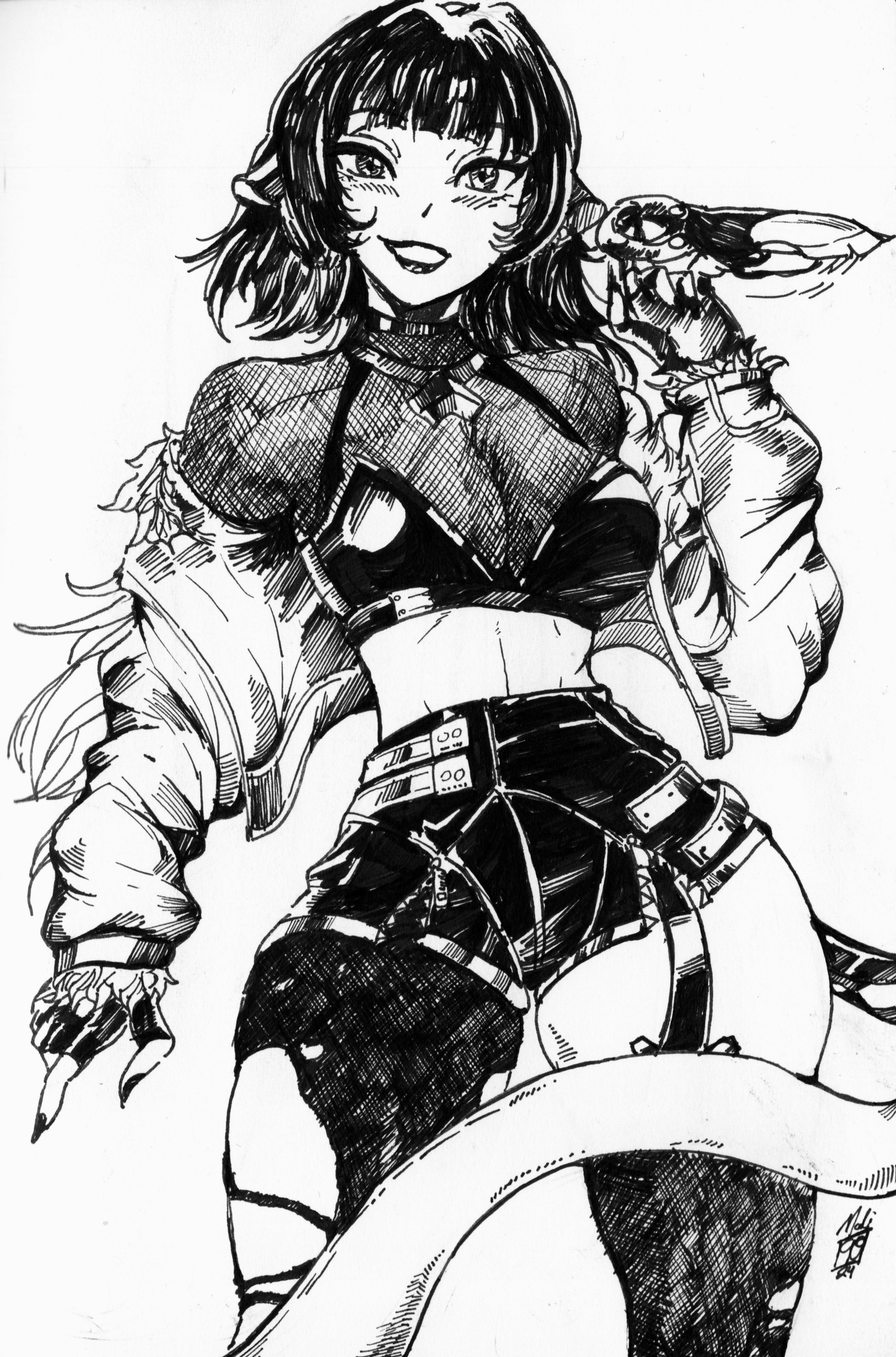 1girl 2025 absurdres animal_ears arm_at_side arm_up asymmetrical_legwear black_bra black_hair black_shorts bodystocking bra breasts cleavage collarbone commentary contrapposto cowboy_shot dot_nose english_commentary faux_traditional_media female_focus fingerless_gloves fingernails foreshortening gloves grin halterneck high-waist_shorts highres holding holding_knife ink jacket jane_doe_(zenless_zone_zero) knife large_breasts light_blush lipstick long_fingernails long_sleeves looking_at_viewer makeup makinidraws monochrome mouse_ears nail_polish off_shoulder puffy_long_sleeves puffy_sleeves short_hair shorts simple_background smile solo spinning_weapon standing tail thick_thighs thighs torn_clothes traditional_media turtleneck underwear white_background zenless_zone_zero