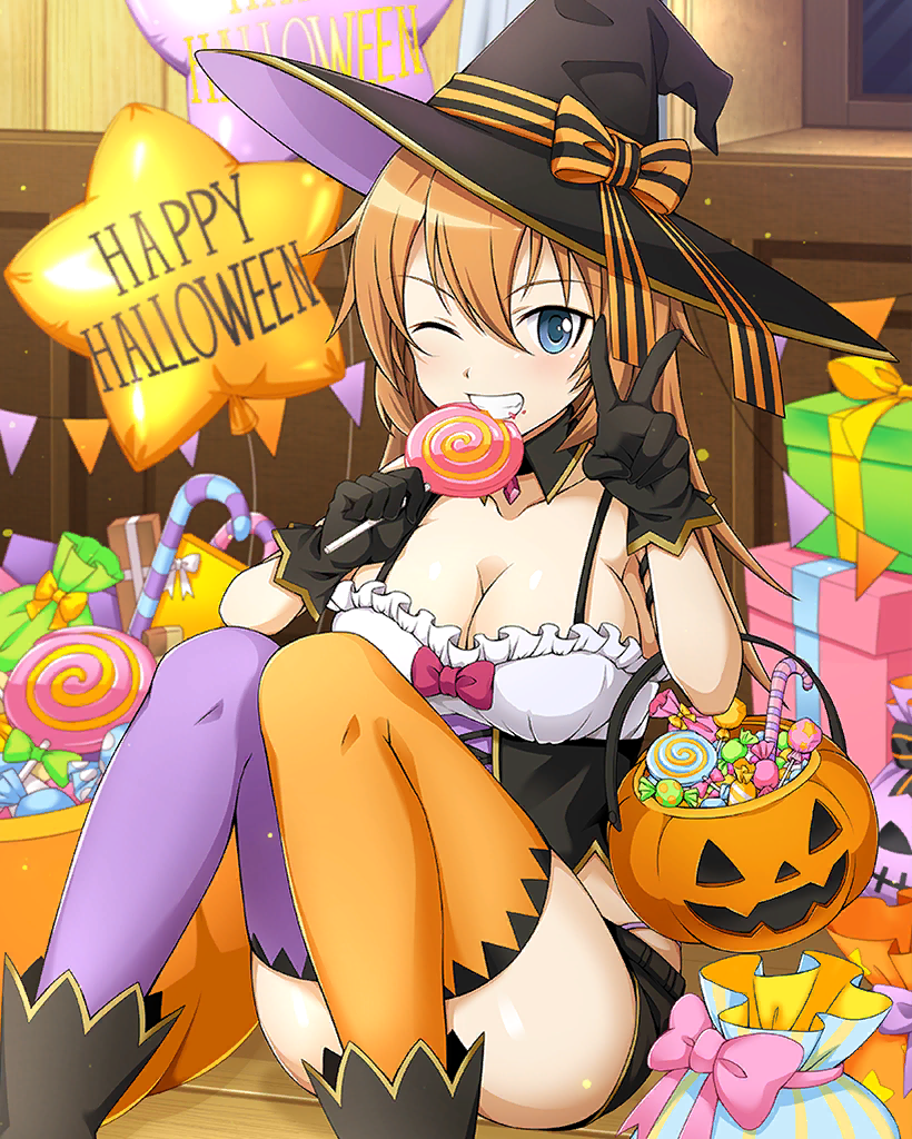 1girl artist_request bag black_gloves blue_eyes box breasts candy charlotte_e._yeager decorations eating food gift gift_box gloves halloween halloween_costume happy_halloween hat holding indoors jack-o&#039;-lantern large_breasts long_hair low_neckline non-web_source official_art one_eye_closed orange_hair sitting solo strike_witches thighhighs v wings witch witch_hat world_witches_series