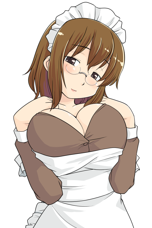 1girl apron artist_request breasts brown_eyes brown_hair check_artist cleavage closed_mouth collarbone frilled_apron frills futaba_channel glasses hair_between_eyes hands_on_own_breasts hands_up hinemosu_notari large_breasts long_sleeves maid maid_apron maid_headdress nemui nijiura_maids pince-nez short_hair simple_background smile solo tareme third-party_source white_background