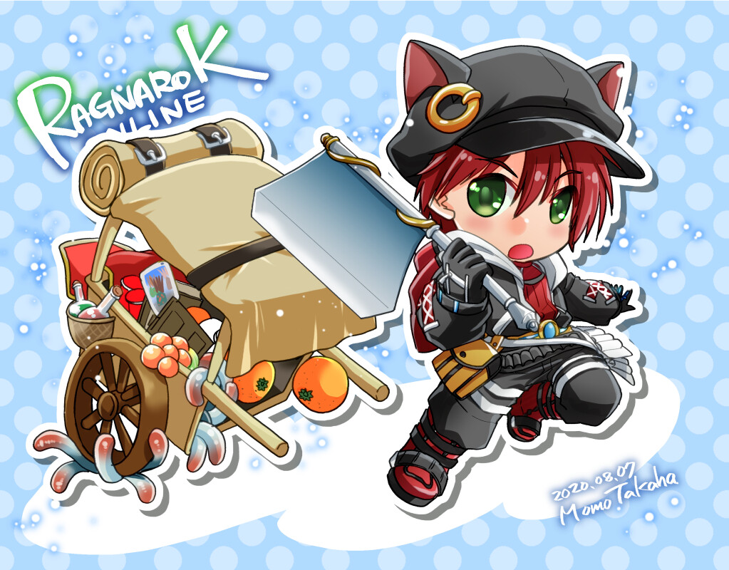 1boy animal_ear_headwear animal_ears armor armored_boots artist_name axe belt_pouch black_gloves black_hat black_jumpsuit blue_background book boots cabbie_hat cat_ears chibi chibi_only commentary_request copyright_name dated fake_animal_ears food fruit full_body gloves green_eyes hat holding holding_axe jumpsuit long_sleeves looking_at_viewer male_focus mandarin_orange mechanic_(ragnarok_online) official_alternate_costume open_jumpsuit open_mouth polka_dot polka_dot_background potion pouch pullcart ragnarok_online red_armor red_hair red_shirt shirt solo takaha_momo