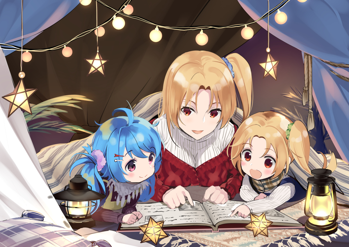 3girls :o aged_down ahoge ahoge_wag ann_(ann58533111) azur_lane blanket blonde_hair blue_hair blue_scrunchie book carpet casual clevelad_(azur_lane) cleveland_(azur_lane) closed_mouth commentary_request expressive_hair green_scrunchie hair_ornament hairclip hanging_light happy lamp lantern leaf lena_(azur_lane) light_bulb lights lying multiple_girls on_stomach one_side_up open_mouth parted_bangs pillow pink_scrunchie plant pointing ponytail purple_eyes purple_sweater reading red_eyes red_sweater scrunchie short_twintails side_ponytail sidelocks small_stellated_dodecahedron smile sweater sweater_vest tent twintails