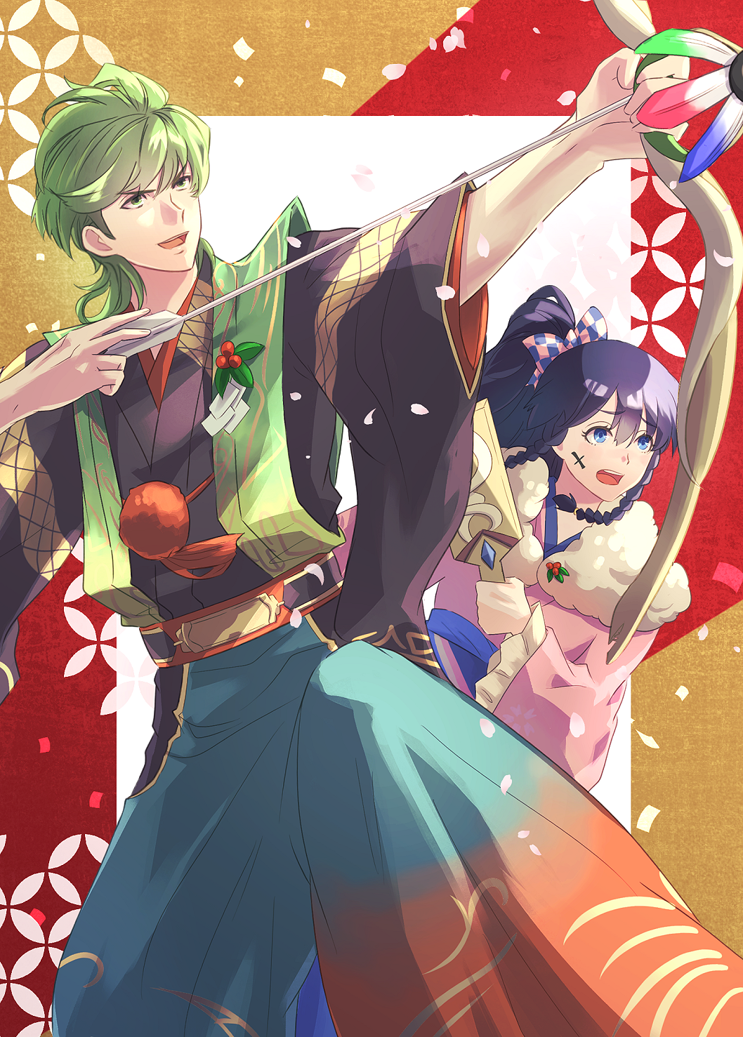 1boy 1girl black_hair blue_eyes bow bow_(weapon) brother_and_sister drawing_bow fire_emblem fire_emblem:_the_sacred_stones fire_emblem_heroes furisode green_hair hagoita hair_bow highres holding holding_bow_(weapon) holding_weapon innes_(fire_emblem) innes_(new_year)_(fire_emblem) japanese_clothes kimono nintendo paddle pink_kimono riou_(pooh920) siblings standing tana_(fire_emblem) tana_(new_year)_(fire_emblem) weapon wide_sleeves