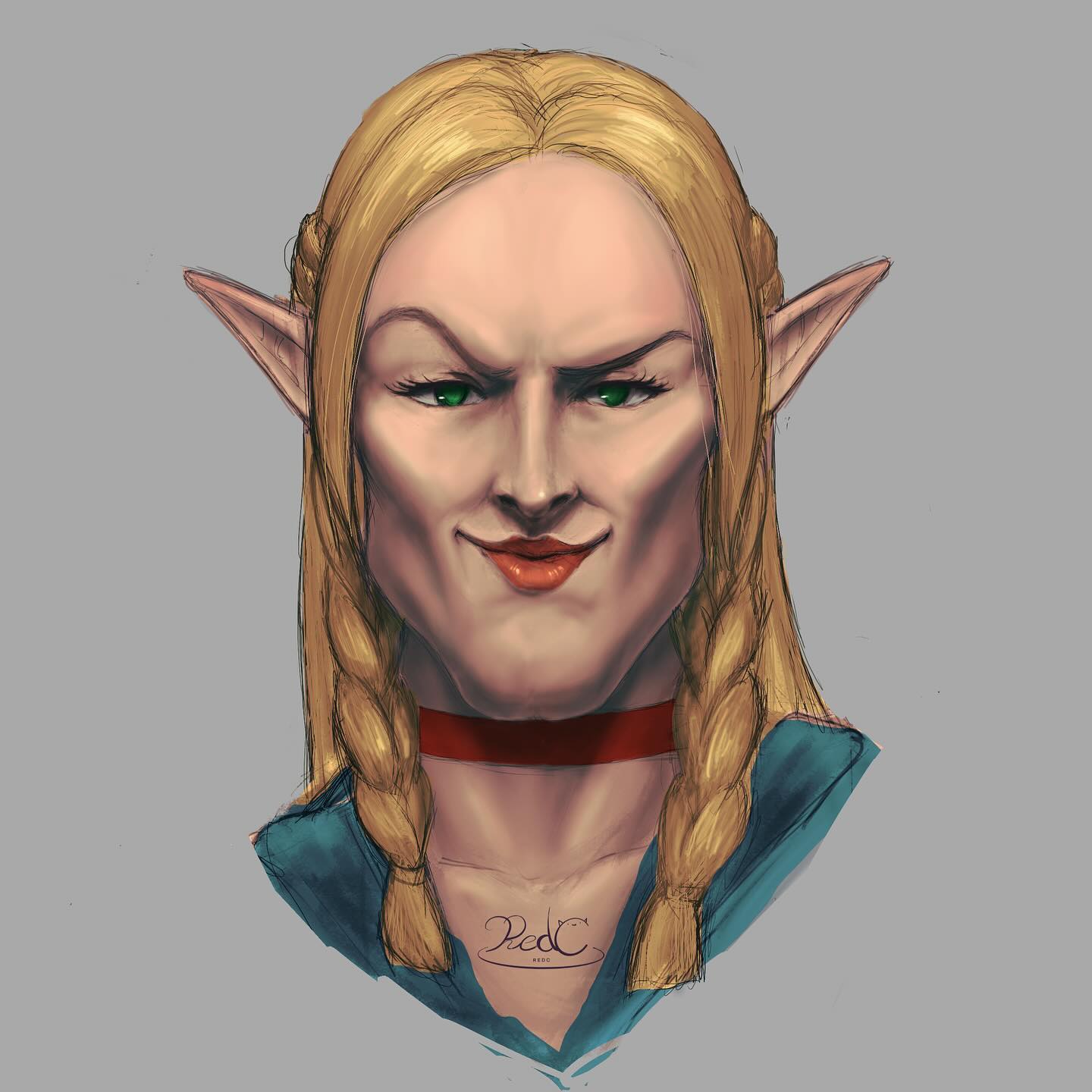 1girl braided_sidelock cheekbones choker cleft_chin commentary dungeon_meshi forehead hashtag-only_commentary highres lipstick makeup man_face marcille_donato pointy_ears portrait raised_eyebrow red_choker red_lips redc0928 shapeshifter_(dungeon_meshi) signature smile solo