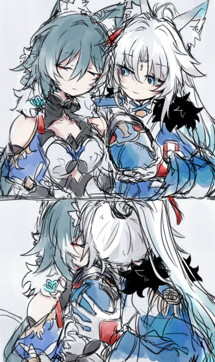 2girls animal_ears breasts feixiao_(honkai:_star_rail) fud green_hair highres honkai:_star_rail honkai_(series) kiss long_hair medium_breasts multiple_girls simple_background very_long_hair white_background white_hair yukong_(honkai:_star_rail) yuri