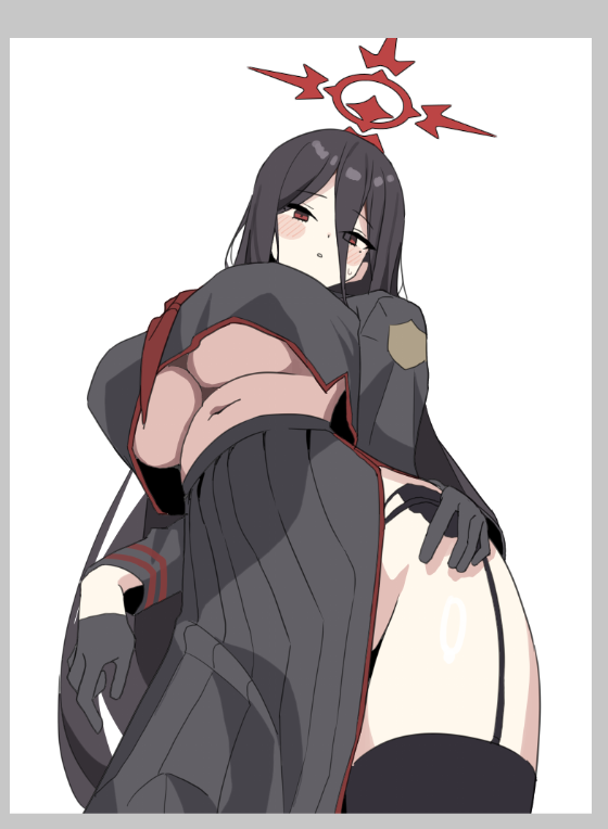 1girl ascot black_gloves black_hair black_panties black_shirt black_skirt black_thighhighs blue_archive blush breasts cleavage from_below garter_belt garter_straps gloves hair_between_eyes halo hand_on_own_hip hasumi_(blue_archive) huge_breasts long_hair long_skirt midriff_peek mole mole_under_eye navel panties red_eyes school_uniform shirt shirt_overhang skirt solo standing straight_hair thighhighs toriko_(honmono) underboob underwear very_long_hair white_background