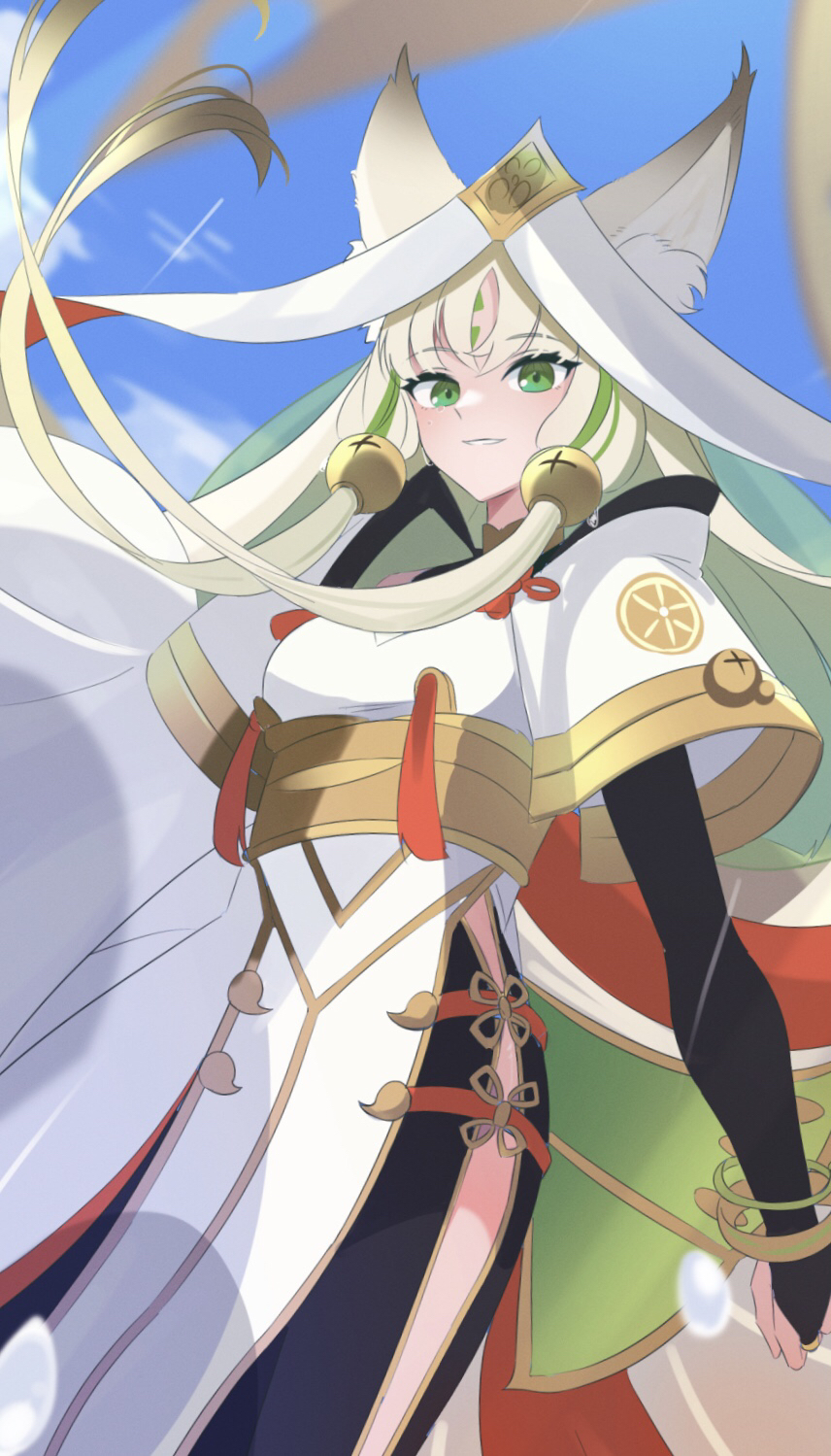 1girl animal_ear_fluff animal_ears arahime_the_manifested_mikanko bell breasts bridal_gauntlets duel_monster facial_mark forehead_mark fox_ears fox_girl green_eyes green_hair hair_bell hair_ornament heichi highres hu-li_the_jewel_mikanko japanese_clothes long_hair looking_at_viewer medium_breasts multicolored_hair outdoors parted_lips short_sleeves side_slit sidelocks single_tear sky smile solo streaked_hair yu-gi-oh!