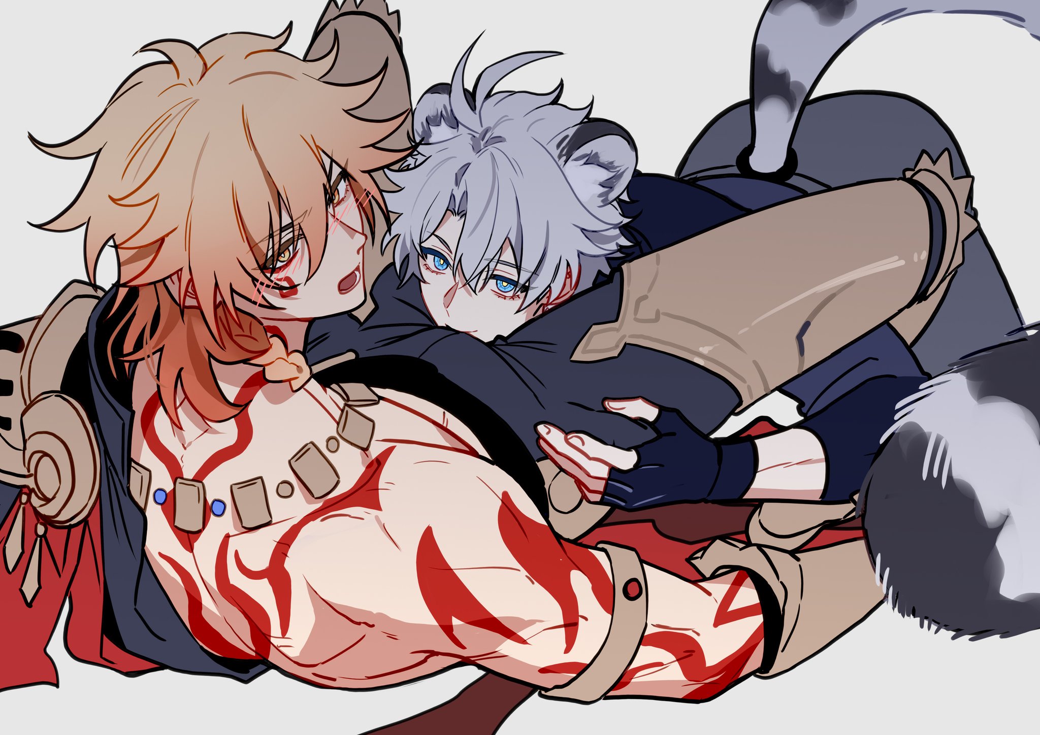 2boys abs animal_ear_fluff antenna_hair arm_tattoo armlet armor armored_boots black_choker black_coat black_gloves black_pants black_shirt blonde_hair blue_coat blue_eyes blush boots braid cape chest_tattoo choker clawed_gauntlets coat collared_shirt commentary face_in_crotch facial_tattoo fingerless_gloves flustered gloves gold_necklace gradient_hair grey_background hair_between_eyes hands_on_another's_chest highres honkai:_star_rail honkai_(series) jewelry male_focus multicolored_hair multiple_boys mydei_(honkai:_star_rail) necklace open_clothes open_coat open_mouth pants pauldrons phainon_(honkai:_star_rail) red_cape red_hair red_tattoo shirt shoulder_armor side_braid side_cape simple_background single_glove single_pauldron snow_leopard_boy snow_leopard_ears snow_leopard_tail sweatdrop tattoo toned toned_male white_hair yaoi yellow_eyes yuelinpanp98413
