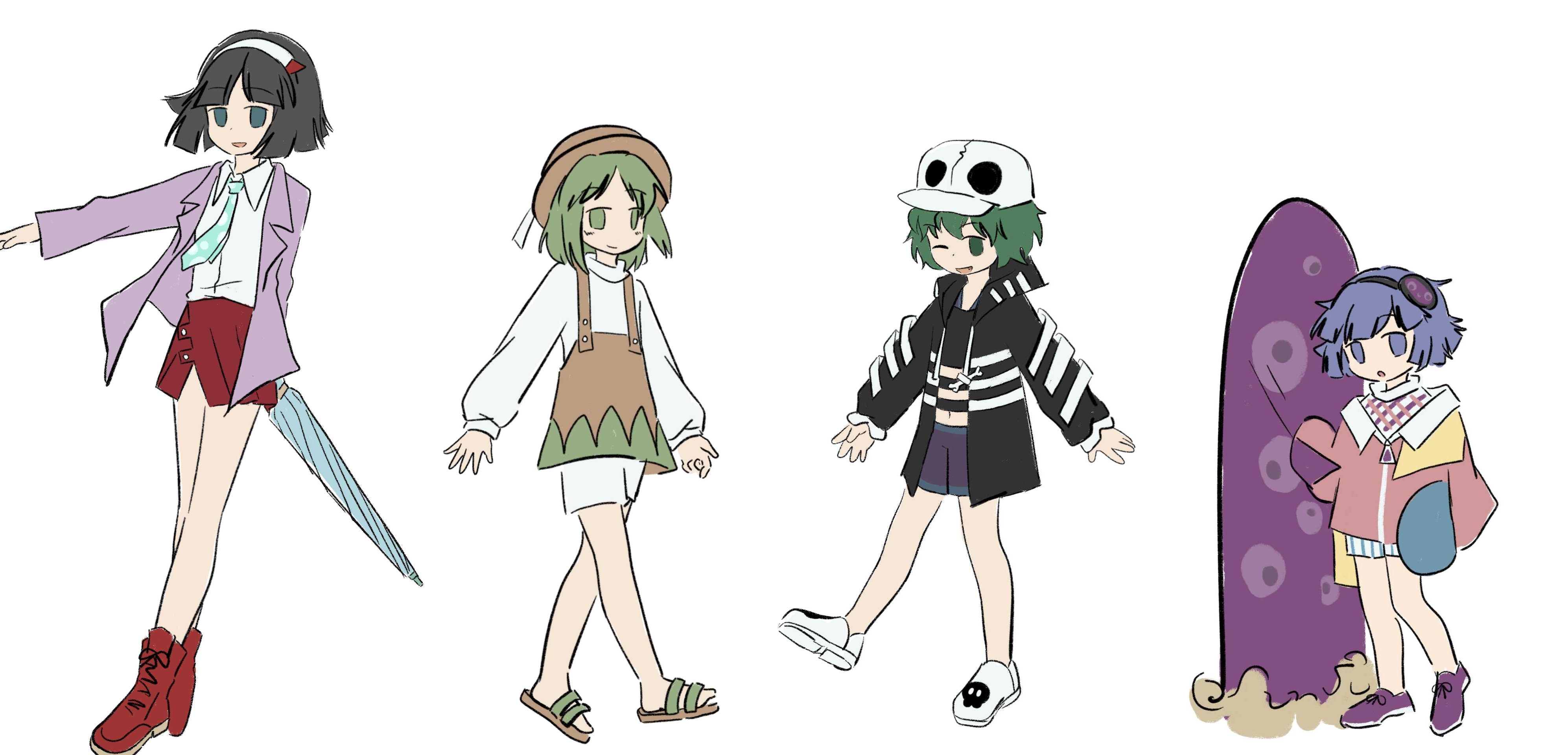 4others absurdres adapted_costume amanomiya_jun amanomori_shou androgynous baila_kuangzi black_hair black_hairband black_shirt blue_eyes blue_hair blue_necktie blue_umbrella brown_headwear brown_skirt chinese_commentary closed_mouth collared_shirt commentary_request green_eyes green_hair hairband hat highres holding holding_umbrella hood hood_down hooded_jacket jacket kitsugai_sese len'en long_sleeves medium_hair miniskirt mitsumo multiple_others navel necktie one_eye_closed open_clothes open_jacket open_mouth other_focus pink_jacket polka_dot_necktie purple_jacket purple_shoes purple_shorts red_shoes red_skirt sandals shirt shoes short_hair shorts simple_background skirt smile suspender_skirt suspenders terumi_(len'en) umbrella white_background white_hairband white_headwear white_shirt white_shoes white_shorts