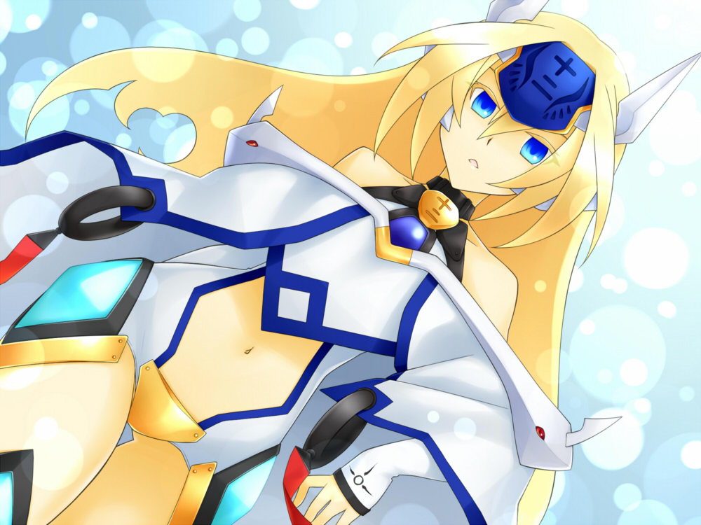 1girl arc_system_works bare_shoulders blazblue blonde_hair blue_eyes cape detached_sleeves female_focus long_hair mayo-black mayo_bk midriff mu-12 solo thighhighs tiara