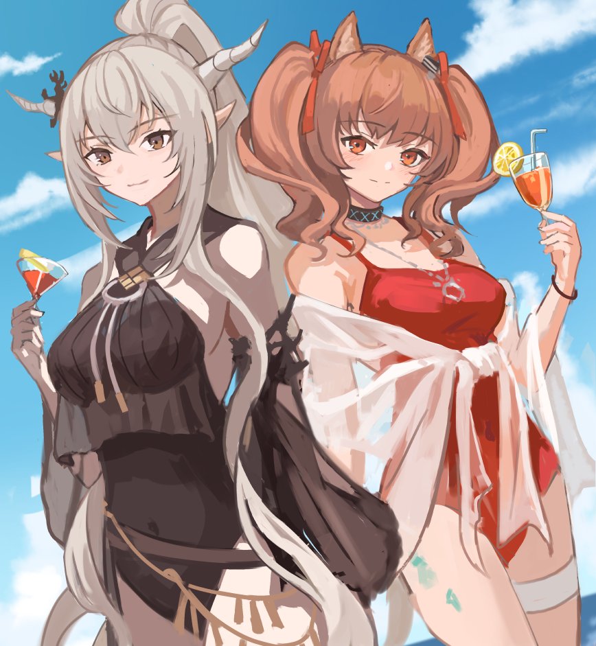 2girls angelina_(arknights) angelina_(summer_flower)_(arknights) animal_ears arknights bare_shoulders belly_chain black_collar black_eyes black_one-piece_swimsuit breasts brown_hair casual_one-piece_swimsuit cloud collar cup detached_sleeves drinking_glass drinking_straw food fox_ears fox_girl fox_tail fruit grey_hair holding holding_cup horns infection_monitor_(arknights) jewelry large_breasts lemon lemon_slice long_hair looking_at_viewer multiple_girls necklace official_alternate_costume one-piece_swimsuit pointy_ears ponytail red_eyes red_one-piece_swimsuit red_ribbon ribbon sarong shining_(arknights) shining_(silent_night)_(arknights) sidelocks spaghetti_strap swimsuit tail thigh_strap touchika twintails very_long_hair white_sarong