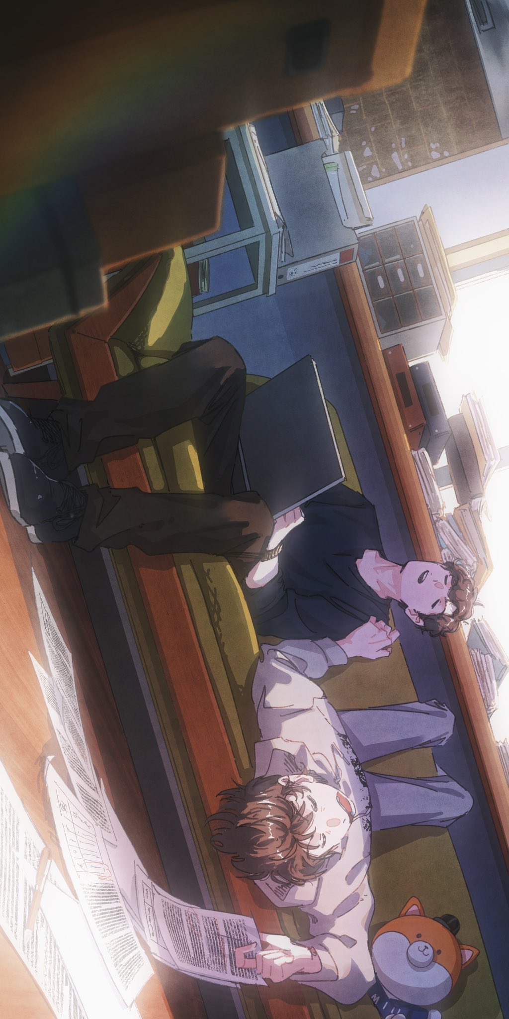 2boys ayano_gou brown_hair brown_pants closed_eyes commentary computer dora_pingu full_body highres holding holding_paper hoshino_gen ibuki_ai indoors male_focus miu404 multiple_boys open_mouth pants paper shima_kazumi sleeping stuffed_toy upside-down watch wristwatch