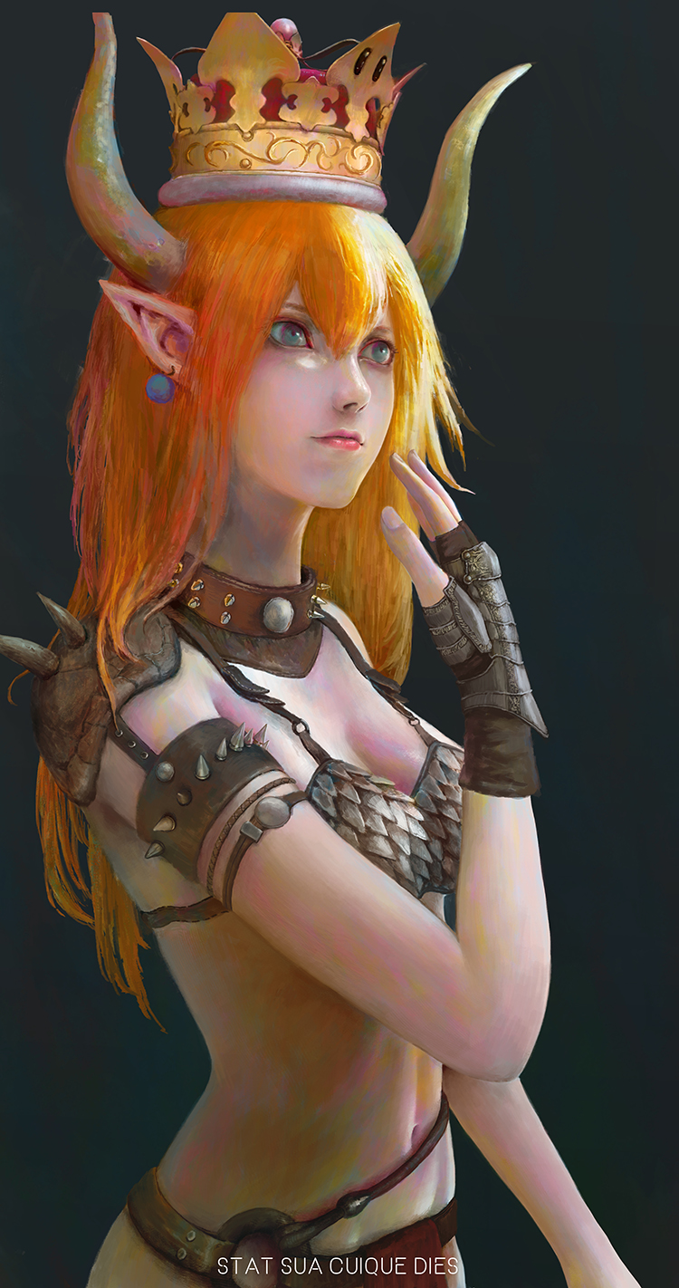1girl adapted_object alternate_costume armlet artist_request bad_id bad_pixiv_id blue_eyes bowsette breasts cleavage collar commentary_request earrings expressionless female_focus fingerless_gloves fingernails from_side gem gloves hair_between_eyes highres hip_focus horns jewelry latin_text light long_hair mario_(series) medium_breasts navel new_super_mario_bros._u_deluxe nintendo nose parted_lips pink_lips pointy_ears realistic red_hair revealing_clothes shoulder_spikes solo spiked_armlet spiked_collar spikes super_crown upper_body