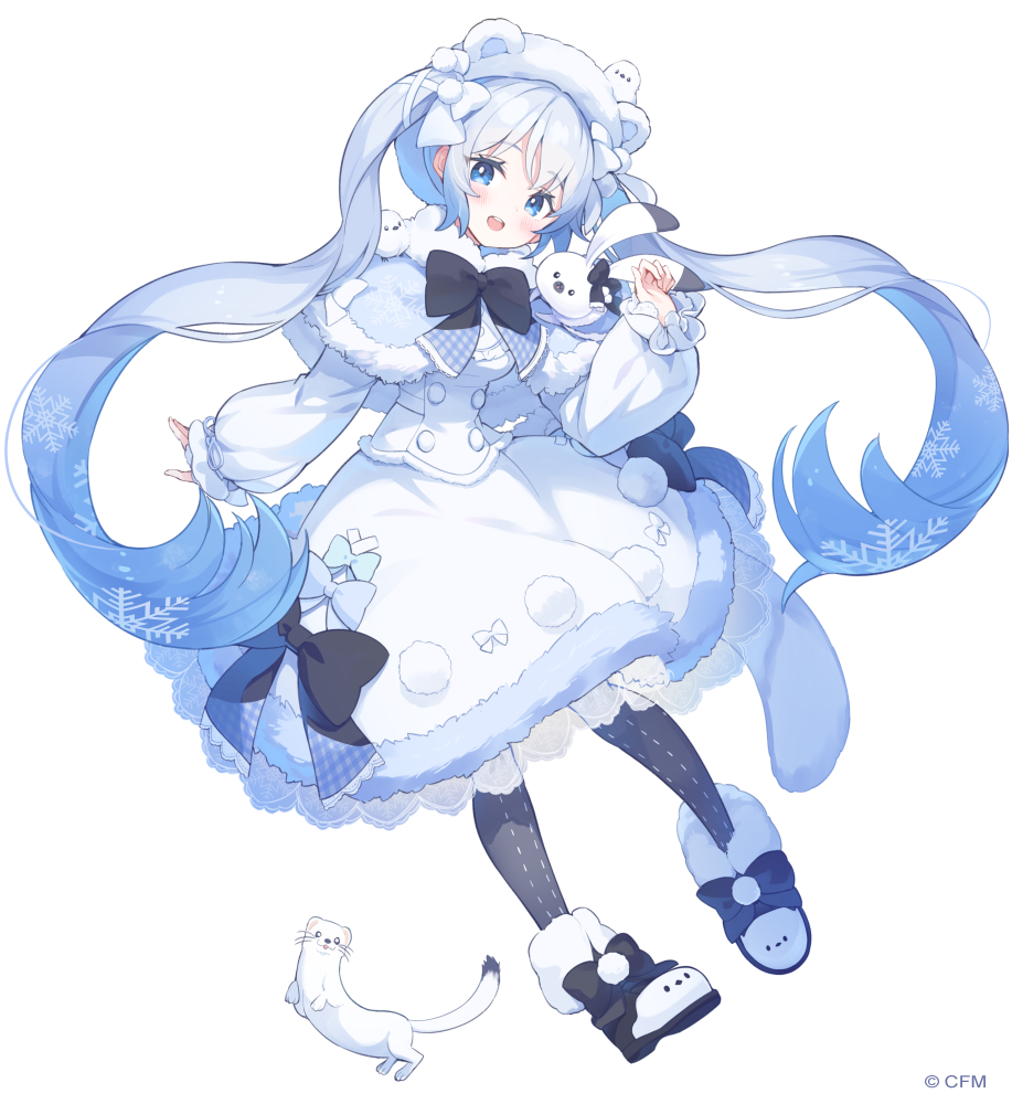 1girl :d animal_ears animal_hat black_bow black_pantyhose black_shoes blue_bow blue_capelet blue_eyes blue_hair blush bow capelet commentary_request dress fake_animal_ears full_body fur-trimmed_capelet fur-trimmed_dress fur_hat fur_trim grey_hair hand_up hat hatsune_miku head_tilt long_hair long_sleeves looking_at_viewer official_art open_mouth pantyhose puffy_long_sleeves puffy_sleeves rabbit_yukine shoes simple_background sleeves_past_wrists smile solo tam-u teeth twintails upper_teeth_only very_long_hair vocaloid white_background white_dress white_hat white_pantyhose yuki_miku