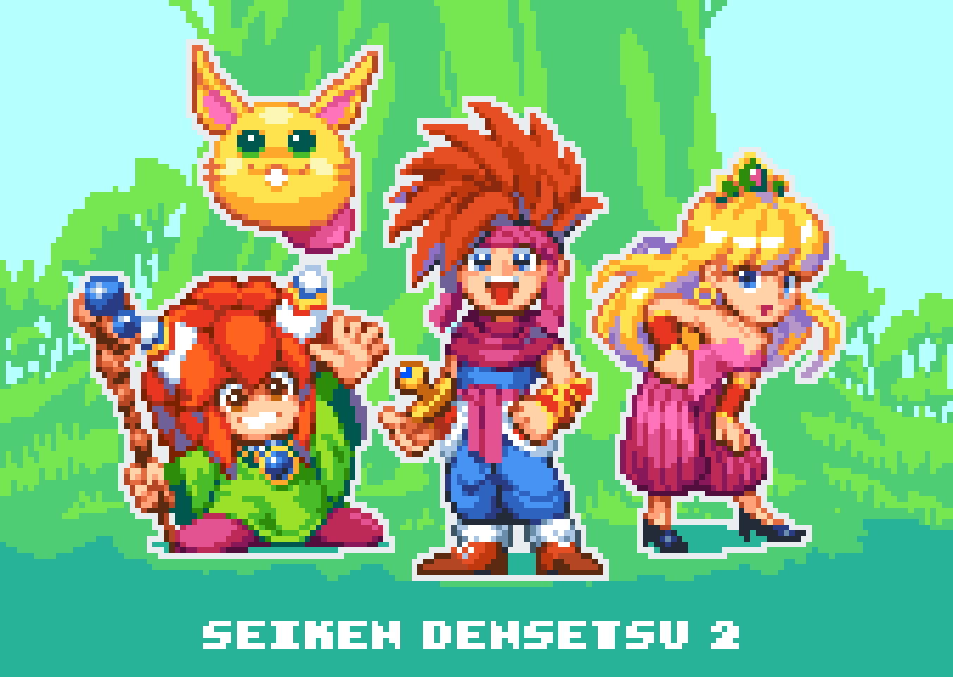 1boy 1girl 1other androgynous baggy_pants blonde_hair brown_hair earrings gauntlets green_tunic hair_between_eyes hand_on_leg holding holding_staff hoop_earrings jewelry long_hair orange_hair pants pink_shirt pixel_art pixelflag popoi_(seiken_densetsu_2) primm_(seiken_densetsu_2) rabite_(seiken_densetsu) randi_(seiken_densetsu_2) red_scarf scarf seiken_densetsu seiken_densetsu_2 shirt smile spiked_hair staff sword tunic waving weapon