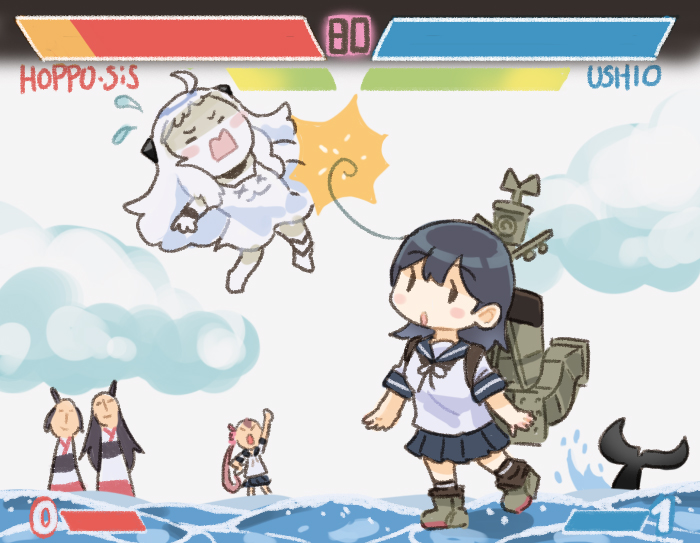 abyssal_ship ahoge akebono_(kancolle) black_hair blue_sailor_collar blue_skirt cetacean_tail character_name cloud competition countdown_timer dress fighting fighting_game fins fish_tail fusou_(kancolle) health_bar kantai_collection living_hair long_hair machinery northern_little_sister parody pleated_dress pleated_skirt saiguchi_otoufu sailor_collar school_uniform serafuku seven-segment_display skirt smokestack street_fighter street_fighter_6 tail ushio_(kancolle) water yamashiro_(kancolle)