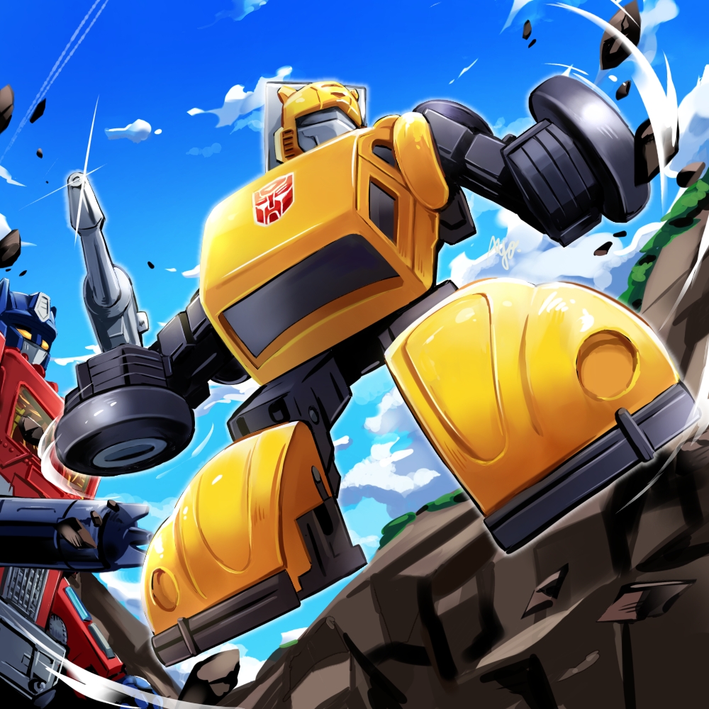 assault_visor autobot ayo_(ayosanri009) bumblebee_(transformers) cloud gun holding holding_gun holding_weapon looking_up mecha mecha_focus no_humans optimus_prime orange_eyes robot science_fiction sky transformers transformers:_generation_1 weapon