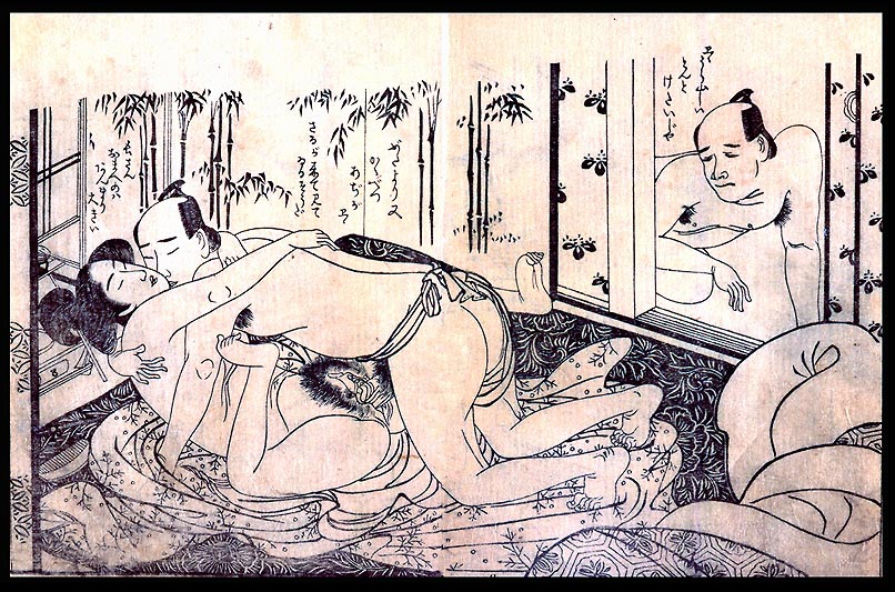 1girl 2boys bottomless fine_art_parody indoors japan monochrome multiple_boys nihonga parody sex shunga ukiyo-e uncensored