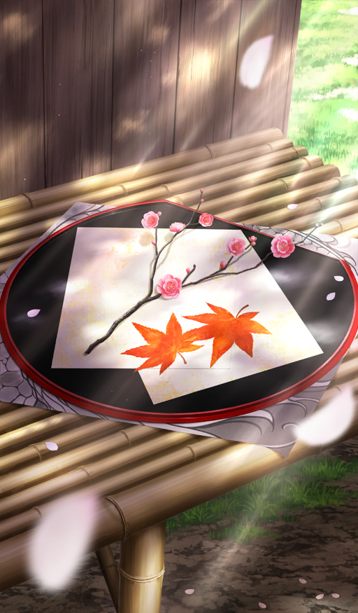 branch chocolate_river_no_sono_saki_ni commentary_request day falling_petals fate/grand_order fate_(series) flower flower_request grass leaf light_rays maple_leaf no_humans official_art outdoors paper pei_(sumurai) petals pink_flower pink_petals plate still_life sunbeam sunlight third-party_source