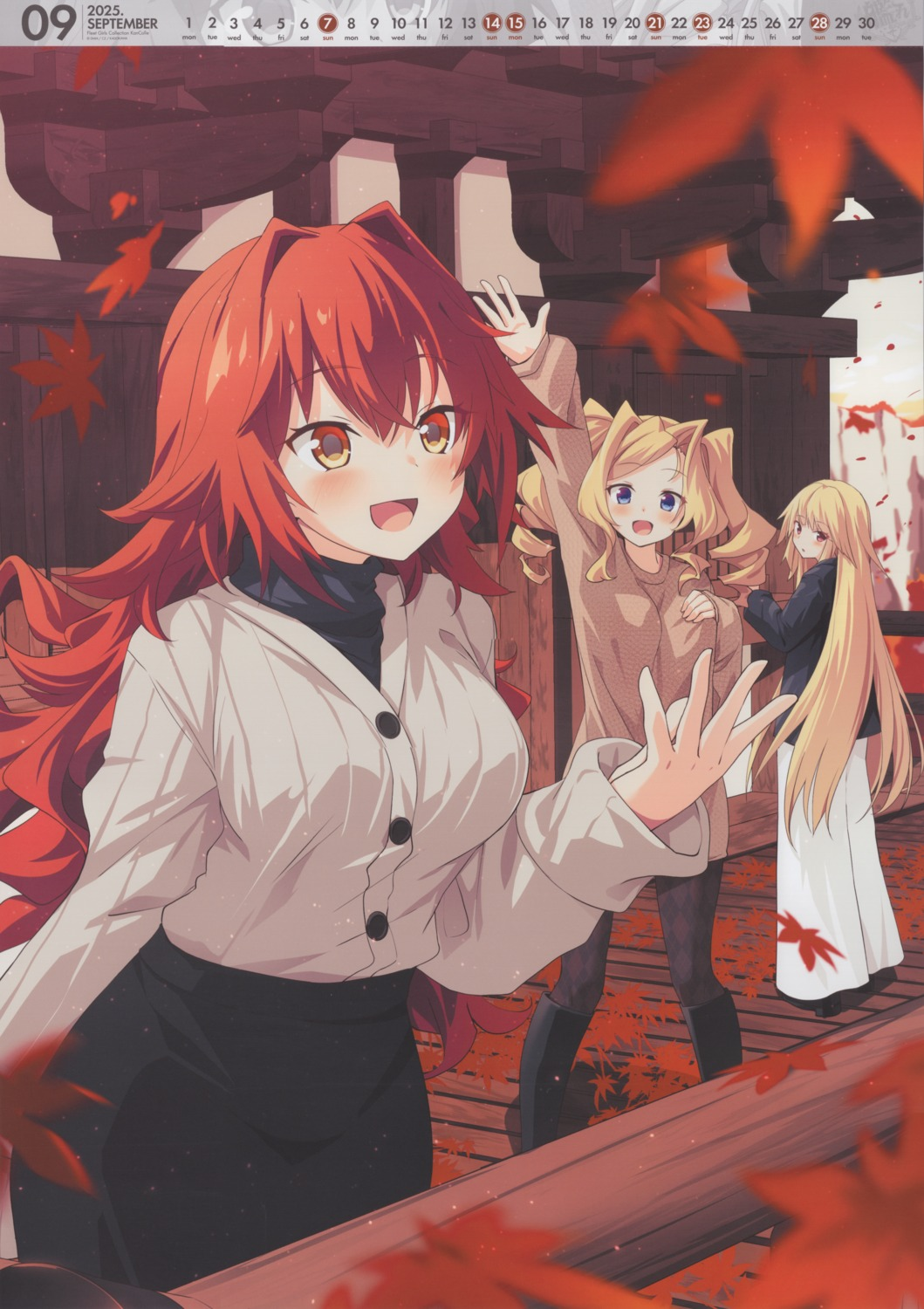 3girls autumn_leaves bad_link black_skirt blonde_hair blue_eyes boots brooklyn_(kancolle) brown_sweater calendar_(medium) highres honolulu_(kancolle) kantai_collection leaf long_hair multiple_girls official_art phoenix_(kancolle) railing red_eyes red_hair september shirt skirt sweater twintails ugume white_shirt