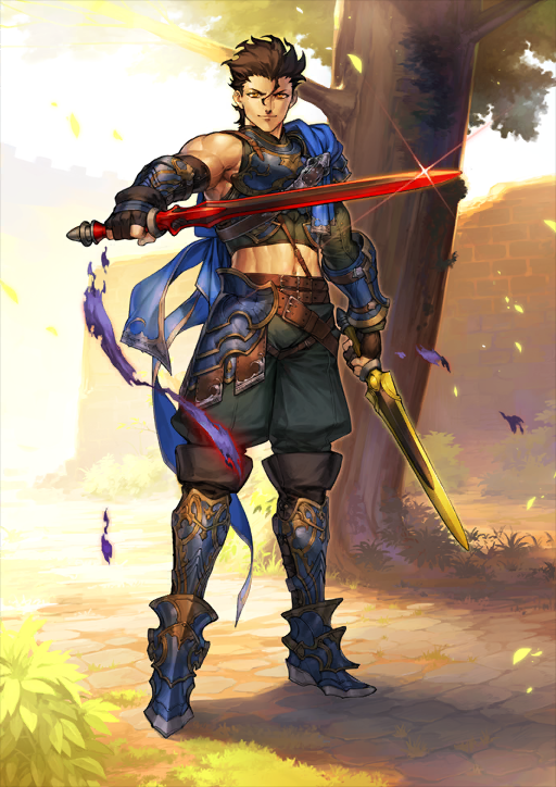 1boy arm_at_side armor armored_boots asymmetrical_sleeves azusa_(hws) beagalltach_(fate) belt belt_buckle black_boots black_gloves blue_armor blue_cape boots bracer breastplate brown_belt brown_hair buckle cape closed_mouth cowlick crop_top diarmuid_ua_duibhne_(fate) diarmuid_ua_duibhne_(saber)_(fate) dual_wielding fate/grand_order fate_(series) full_body gloves green_shorts hair_between_eyes hair_slicked_back hand_up hip_armor holding holding_sword holding_weapon long_sleeves looking_at_viewer male_focus medium_hair midriff moralltach_(fate) muscular muscular_male navel official_art orange_eyes partially_fingerless_gloves pauldrons shorts shoulder_armor side_cape single_bare_shoulder single_pauldron sleeveless smile solo standing sword third-party_source tree variant_set weapon