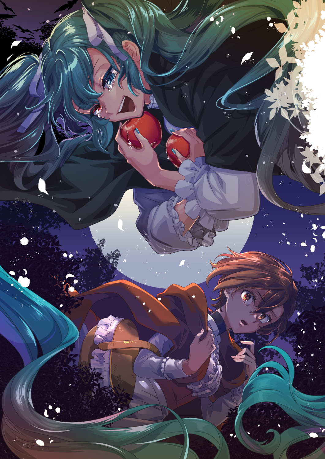 2girls absurdly_long_hair apple aqua_eyes aqua_hair aqua_nails basket black_cloak blouse branch breasts brown_cloak brown_eyes brown_hair choker cloak crazy_smile crying crying_with_eyes_open elbow_carry eve_moonlit evillious_nendaiki floating_hair food forest frilled_shirt frilled_sleeves frills fruit full_moon hair_ribbon hatsune_miku hetero highres holding holding_basket holding_food holding_fruit hood hood_down hooded_cloak leaf long_hair looking_at_viewer majo_salmhofer_no_toubou_(vocaloid) medium_breasts meiko_(vocaloid) meta_salmhofer moon moonlit_bear_(vocaloid) multiple_girls nail_polish nature night open_mouth red_eyes ribbon shirt short_hair silhouette smile surprised tears tree twintails ui_(rot) very_long_hair vocaloid white_shirt