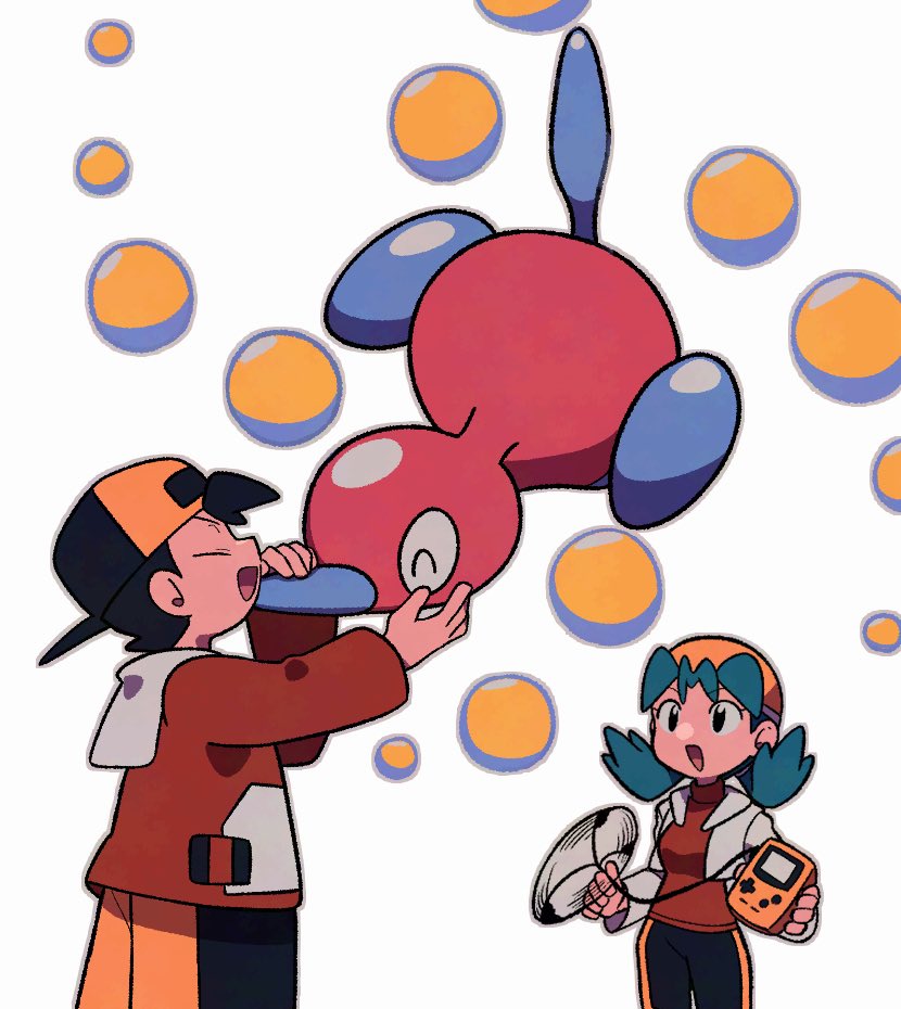 1boy 1girl :d backwards_hat bike_shorts black_hair closed_eyes commentary cropped_jacket ethan_(pokemon) flipped_hair game_boy game_boy_color game_link_cable gen_2_pokemon green_hair handheld_game_console hat holding holding_handheld_game_console jacket kris_(pokemon) long_sleeves nintendo open_mouth pokemon pokemon_gsc porygon2 red_jacket red_shirt shirt short_hair shorts smile symbol-only_commentary tyako_089 white_background yellow_hat