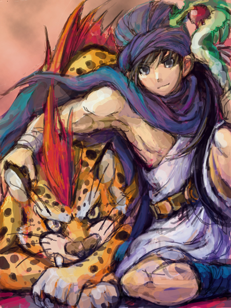 1boy animal animal_hug bandaged_arm bandages belt black_hair blue_eyes borongo commentary_request dragon_quest dragon_quest_v hero_(dq5) holding holding_staff kiri_tampo leaning_on_animal lying muscular muscular_male on_stomach sabretooth_tiger sitting staff tunic white_tunic