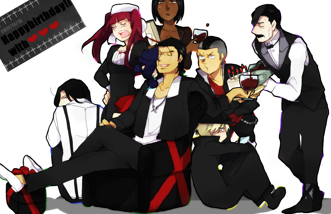 10s 2012 2girls 5boys black_hair bleach cake dated dokugamine_riruka english_text food ginjou_kuugo happy_birthday jackie_tristan kutsuzawa_giriko multiple_boys multiple_girls red_hair shishigawara_moeh tsukishima_shuukurou yukio_hans_vorarlberna