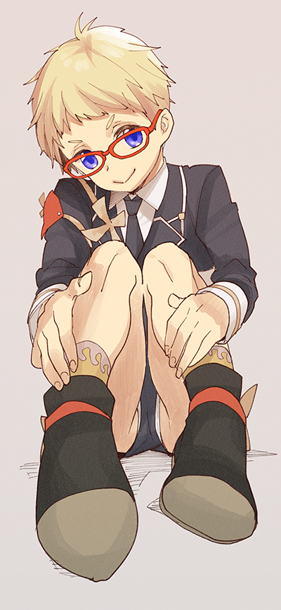 &gt;:&gt; 10s 1boy :&gt; black_necktie blonde_hair glasses hakata_toushirou hand_on_own_knee headgear hugging_own_legs male_focus megumi-square military military_uniform necktie purple_eyes red-framed_eyewear short_eyebrows short_hair sitting solo touken_ranbu v-shaped_eyebrows