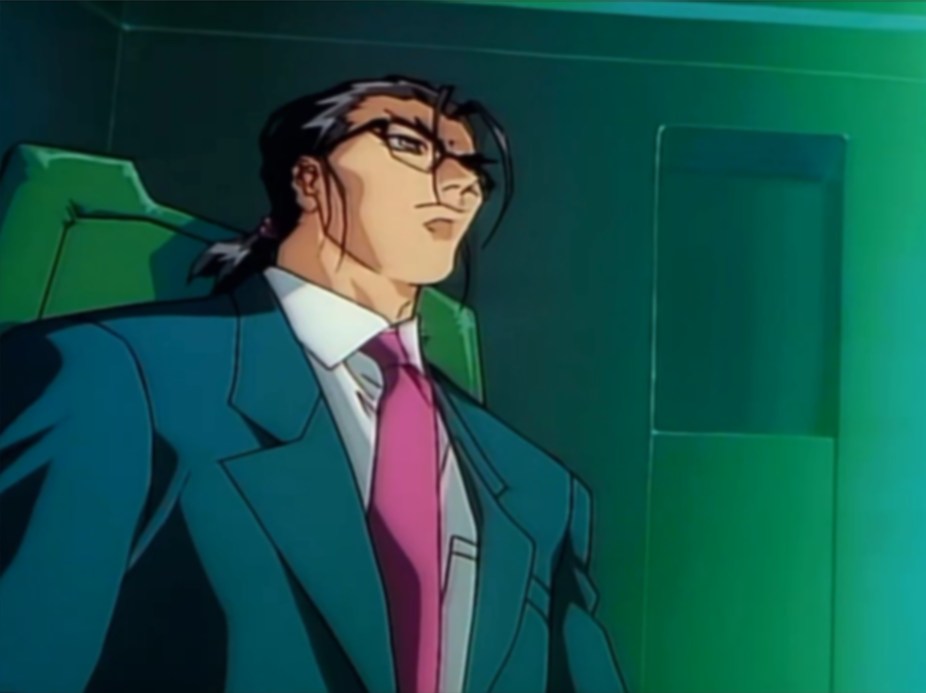 1990s_(style) 1boy choujin_gakuen_gowcaizer formal_clothes fudomaru fudou_ranpou glasses necktie oobari_masami retro_artstyle screencap sitting sky suit