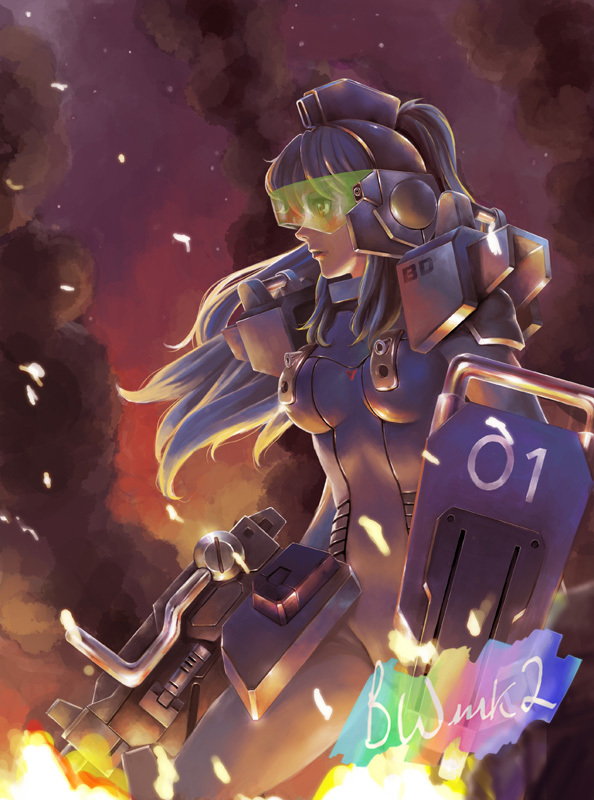 1girl bad_id bad_pixiv_id blue_destiny_01 blue_hair bodysuit bwmk2 embers female_focus fire gun gundam gundam_side_story:_the_blue_destiny machine_gun mecha_musume ponytail shield signature smoke solo weapon wind