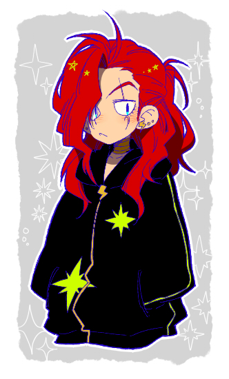 1boy black_jacket blue_eyes border closed_mouth collarbone cropped_torso diamond_wa_kudakenai earrings facial_mark grey_background hands_in_pockets jacket jewelry jojo_no_kimyou_na_bouken kiri_futoshi long_hair looking_at_viewer male_focus otoishi_akira red_hair solo white_border