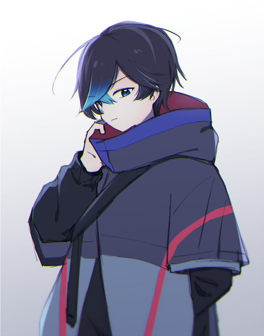 1boy 3567days black_hair blue_eyes coat digimon digimon_seekers grey_background grey_coat male_focus nagasumi_eiji short_hair simple_background solo upper_body