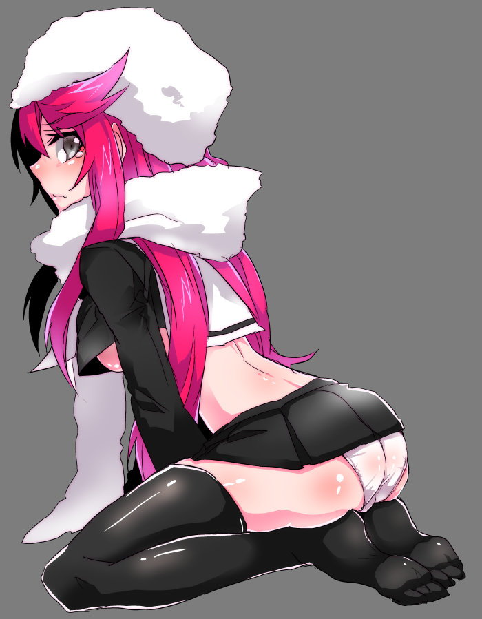 10s 1girl ass ban_airi devil_survivor_(series) devil_survivor_2 female_focus green_eyes haoro kneeling midriff panties pink_hair scarf skirt solo thighhighs underwear white_panties