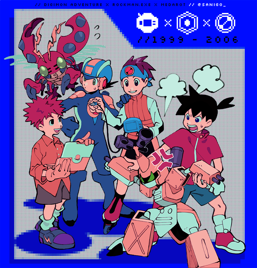00s 1990s_(style) 4boys anger_vein armor artist_name bandai computer copyright_name crossover dated digimon digimon_(creature) digimon_adventure english_text humanoid_robot izumi_koshiro lan_hikari_(mega_man) laptop male_focus mecha medarot mega_man_(series) mega_man_battle_network mega_man_battle_network_(series) megaman.exe metabee multiple_boys multiple_crossover retro_artstyle robot sanigo smile tenryou_ikki tentomon