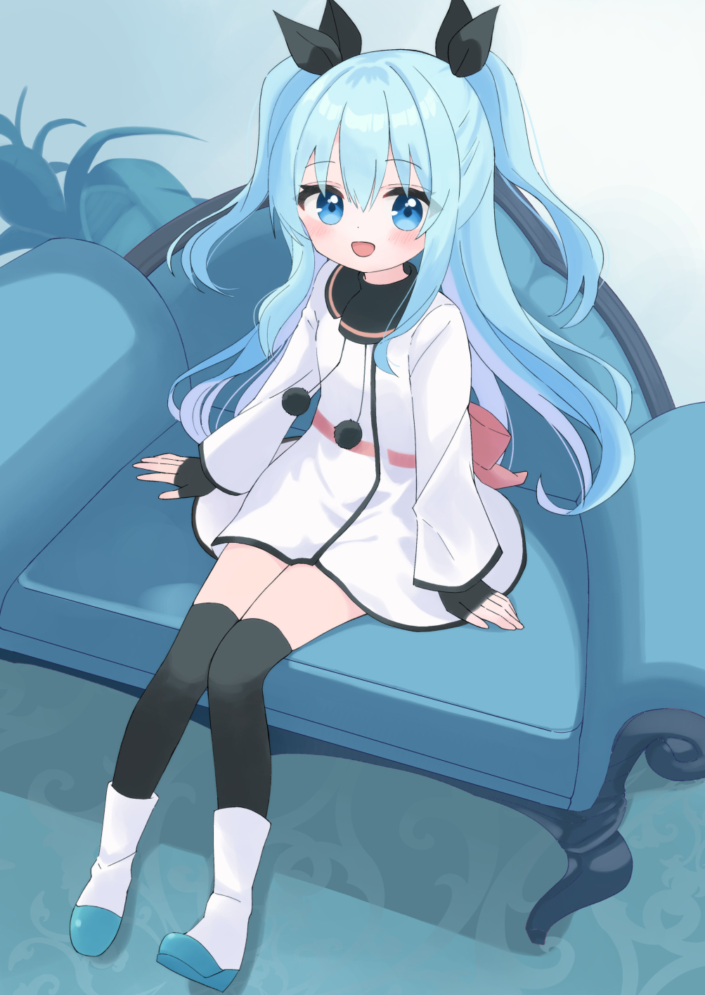 1girl black_ribbon black_thighhighs blue_eyes blush boots bow chair dot_nose dress female_focus full_body hair_between_eyes highres long_hair long_sleeves noel_(sora_no_method) open_mouth pom_pom_(clothes) ribbon short_twintails sitting sleeves_past_wrists solo sora_no_method thighhighs twintails very_long_hair wide_sleeves yamazin_q10