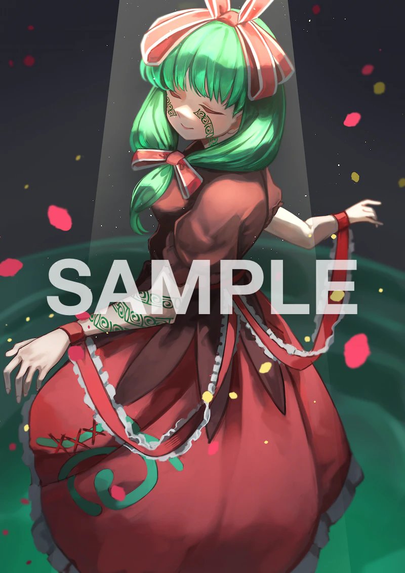 1girl arm_ribbon bow closed_eyes commission dress frilled_dress frills front_ponytail haido_(unisan) kagiyama_hina red_bow red_dress red_ribbon ribbon sample_watermark skeb_commission smile solo tagme touhou watermark