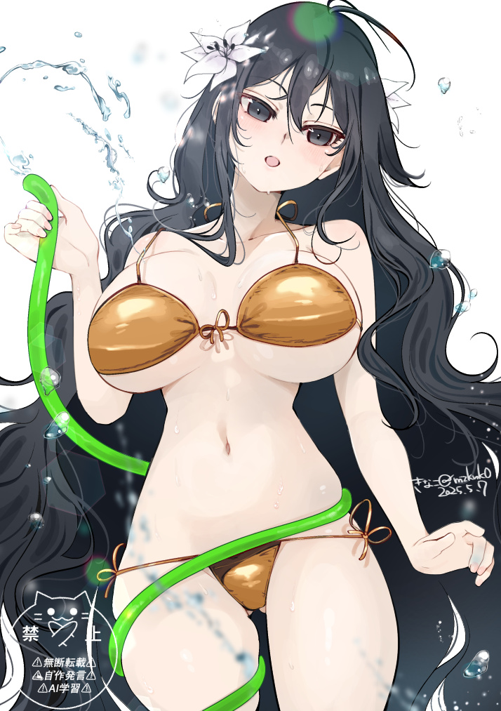 1girl :o ahoge alternate_costume alternate_hairstyle arm_at_side arm_up bikini black_eyes black_hair blush breasts cleavage commentary_request flower fubuki_(senran_kagura) gluteal_fold gold_bikini golden_week hair_flower hair_ornament holding holding_hose hose kinako_(mzknk0) large_breasts lily_(flower) long_hair looking_at_viewer navel open_mouth senran_kagura shiny_swimsuit side-tie_bikini_bottom skindentation smile solo spraying stomach string_bikini swimsuit very_long_hair wavy_hair wet white_background