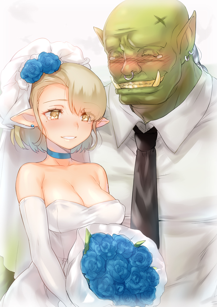 1boy 1girl bare_shoulders black_necktie blonde_hair blue_flower blue_rose blush bouquet breasts bridal_veil bride choker cleavage closed_eyes collarbone collared_shirt couple dress earrings elbow_gloves elf flower full-face_blush gloves grin groom hair_flower hair_ornament hetero holding holding_bouquet holding_flower jewelry looking_at_viewer medium_breasts mole mole_under_eye naso4 necktie nose_blush nose_piercing nose_ring orc original piercing pointy_ears rose shirt short_hair skindentation smile strapless strapless_dress stud_earrings tears teeth tusks upper_body veil wedding_dress white_dress white_gloves wing_collar yellow_eyes yellow_teeth