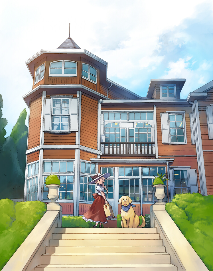 1girl animal balcony bow braid building cloud cloudy_sky day dog hair_over_shoulder hat hat_bow holding holding_suitcase house long_skirt matsuda_(matsukichi) original outdoors puffy_short_sleeves puffy_sleeves red_skirt scenery shirt short_sleeves single_braid skirt sky solo stairs standing suitcase sun_hat white_shirt window