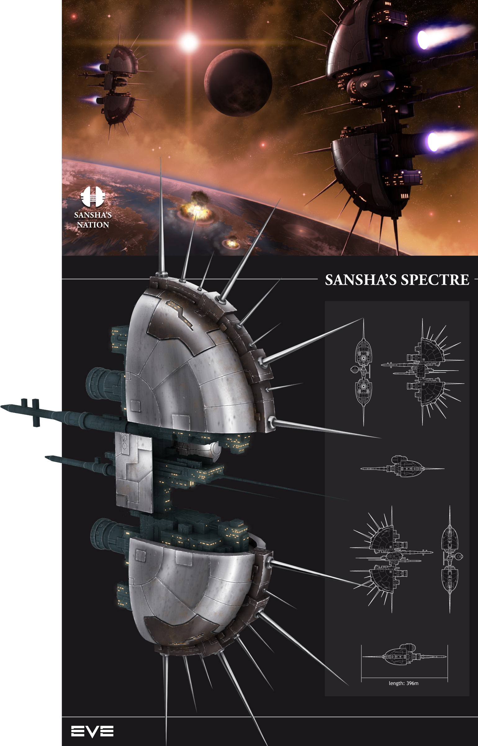 absurdres amarr_empire_(eve_online) battle battlecruiser_(eve_online) blueprint_(medium) reference_sheet cloud commentary concept_art eve_online explosion fire flying from_side glint glowing highres in_orbit krats logo military_vehicle moon multiple_views mushroom_cloud nebula no_humans nuclear_explosion original outdoors pirate_faction_(eve_online) planet realistic sansha's_nation_(eve_online) science_fiction shockwave sky space spacecraft spaceship spikes star_(sky) starry_sky thrusters transparent_background vehicle_focus water