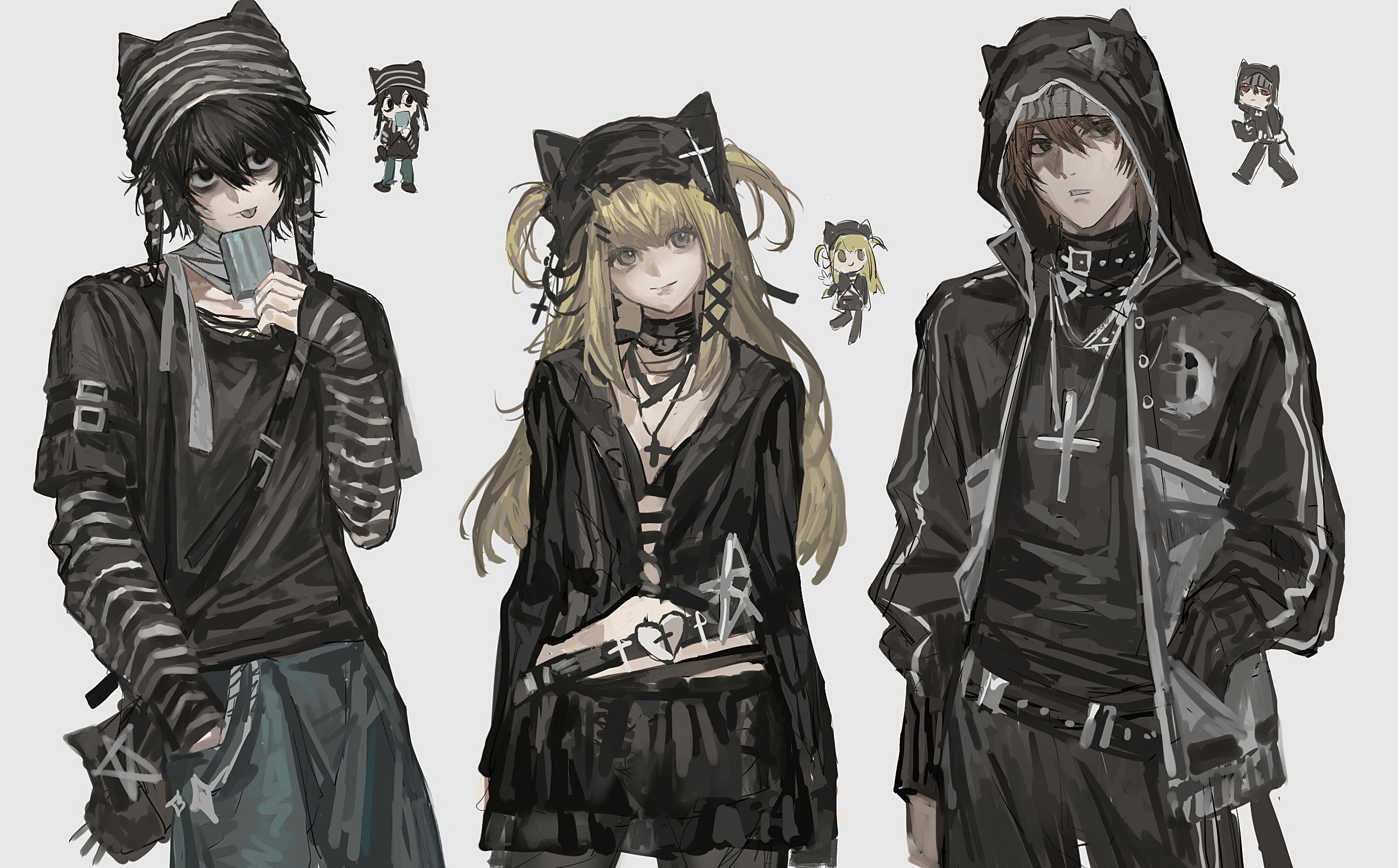 1girl 2boys amane_misa animal_ear_headwear animal_ear_hood animal_ears bag bags_under_eyes bandaged_neck bandages beanie belt black_bag black_bra black_choker black_hair black_hat black_jacket black_pants black_skirt blonde_hair bra breasts brown_hair cat_ears chibi chibi_inset choker closed_mouth cowboy_shot cross cross_hat_ornament cross_necklace death_note fake_animal_ears grey_hat hair_between_eyes half_updo hands_in_pockets hat heart_belt_buckle highres hood hood_up hooded_jacket huang_du_du jacket jewelry l_(death_note) long_hair long_sleeves looking_at_viewer loose_belt medium_breasts midriff multiple_boys necklace pants parted_lips shirt_under_shirt short_twintails shoulder_bag sidelocks skirt sleeves_past_wrists smile striped_hat striped_sleeves tongue tongue_out twintails underwear yagami_light yellow_eyes