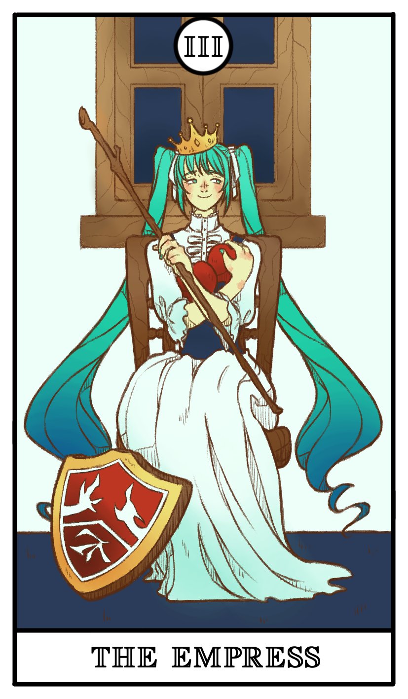 1girl apple aqua_eyes aqua_hair aqua_nails card_(medium) coat_of_arms crown curly_hair dress eve_moonlit evillious_nendaiki food fruit gradient_hair hair_ribbon hatsune_miku high_collar highres holding holding_food holding_fruit holding_staff holding_stick long_dress long_hair looking_to_the_side lorehappy moonlit_bear_(vocaloid) multicolored_hair apple ribbon shield sideways_glance sitting smile solo staff stick tarot tarot_(medium) the_empress_(tarot) twintails very_long_hair vocaloid white_dress white_ribbon window