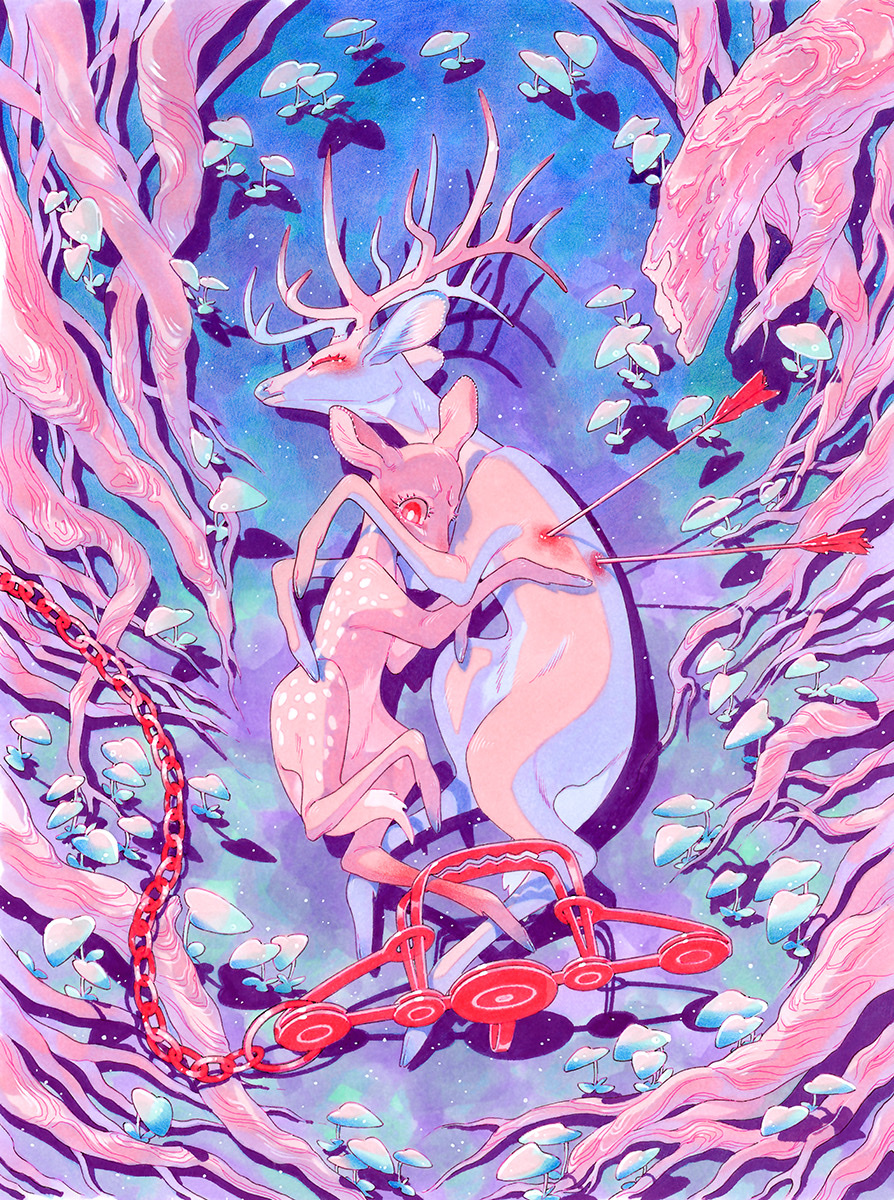 animal animal_focus antlers arrow_(projectile) arrow_in_body bear_trap blue_background bright_pupils chain closed_eyes closed_mouth colored_eyelashes commentary deer english_commentary fawn feathers fleebites full_body furrowed_brow highres horns hug injury leaf lying no_humans on_ground on_side original pastel_colors pink_fur plant plant_roots purple_background purple_fur red_eyes red_feathers symbolism traditional_media trapped tree white_pupils