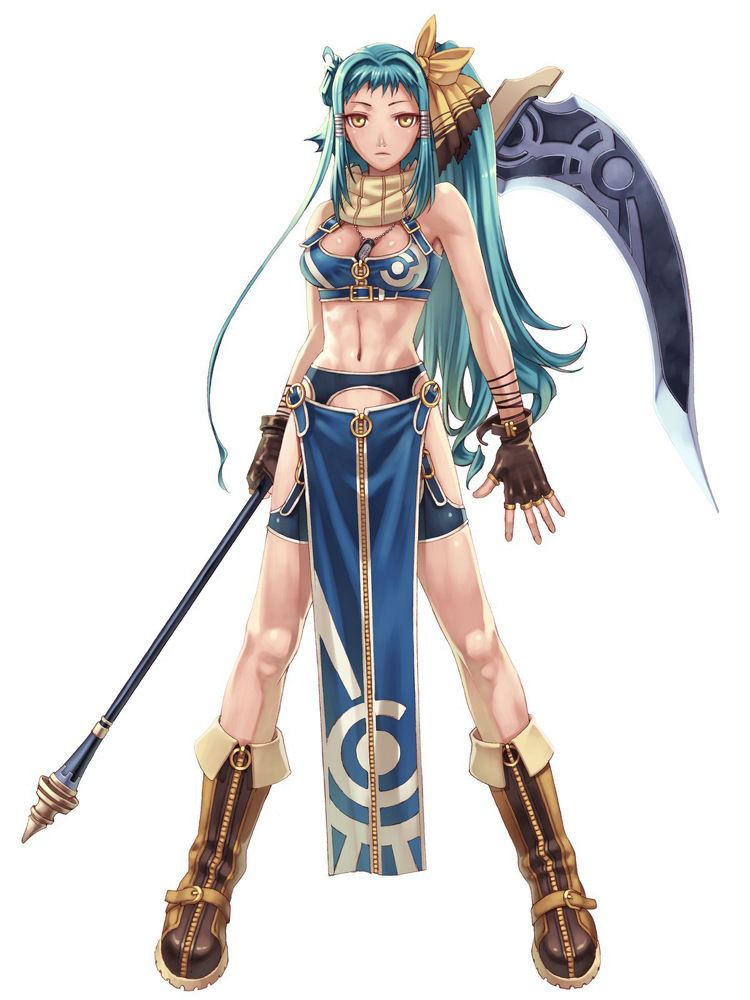 1girl blazing_souls blue_hair boots breasts carla_(blazing_souls) cleavage expressionless female_focus fingerless_gloves full_body gloves hair_ribbon hirano_katsuyuki holding_behind_back holding_polearm holding_polearm_behind_back holding_weapon holding_weapon_behind_back knee_boots long_hair medium_breasts official_art polearm ribbon scarf scythe side_ponytail solo spectral_(series) tabard white_background yellow_eyes