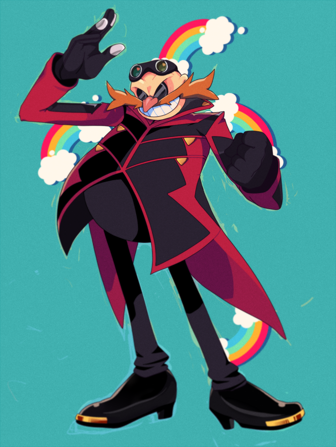 1boy alternate_costume bald black_gloves blue_background commentary dr._eggman facial_hair glasses gloves goggles goggles_on_head grin jacket male_focus motobug mustache rainbow simple_background smile solo sonic_(live_action) sonic_(series) sonic_the_hedgehog_(movie) sonic_the_hedgehog_(movie) symbol-only_commentary