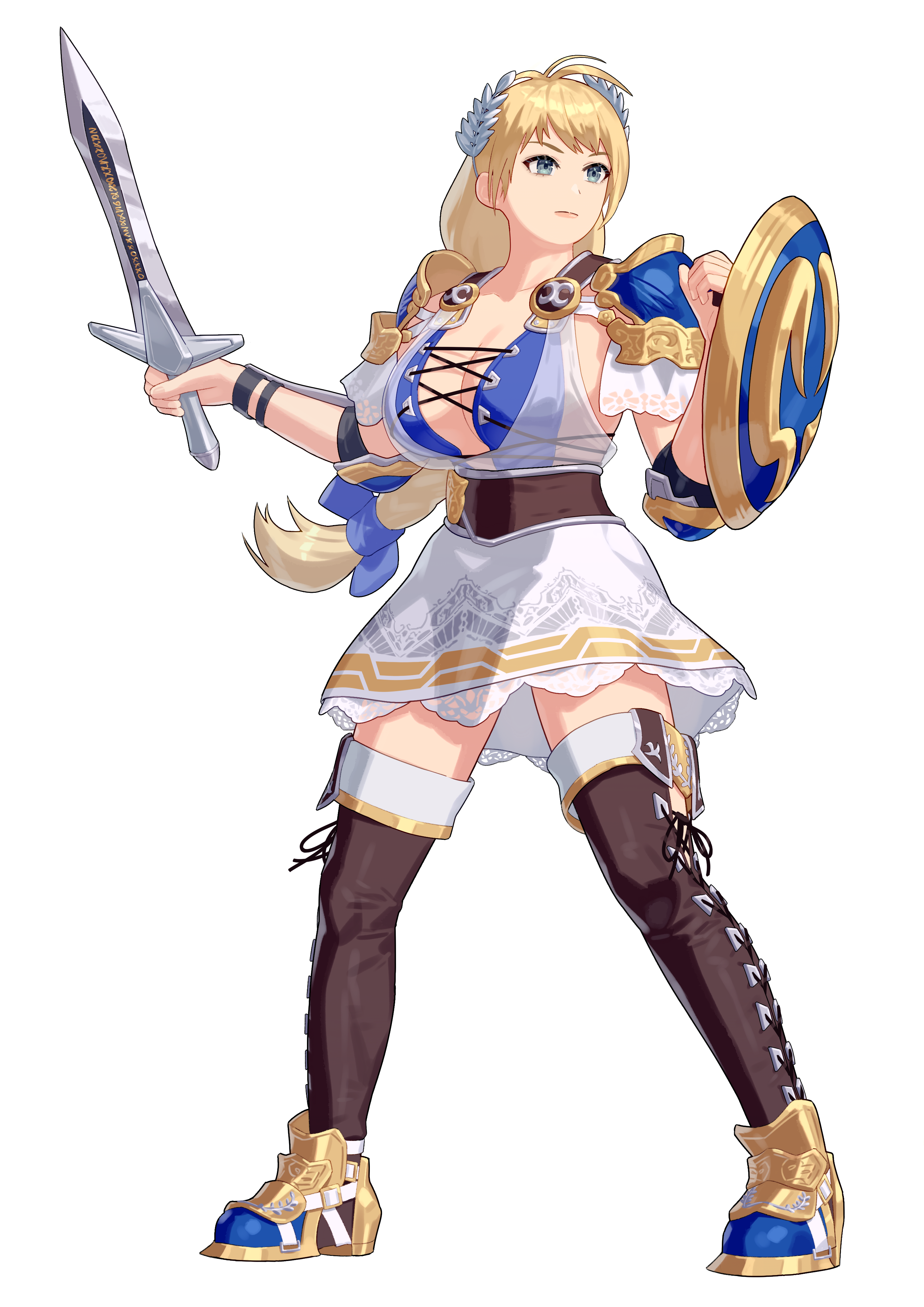1girl absurdres armor asymmetrical_dual_wielding blonde_hair blue_eyes boots breasts brown_boots cleavage dual_wielding full_body highres holding holding_shield holding_sword holding_weapon large_breasts long_hair shield shoulder_armor simple_background skirt solo sophitia_alexandra soul_calibur sword thigh_boots transparent_background weapon white_skirt yagi2013